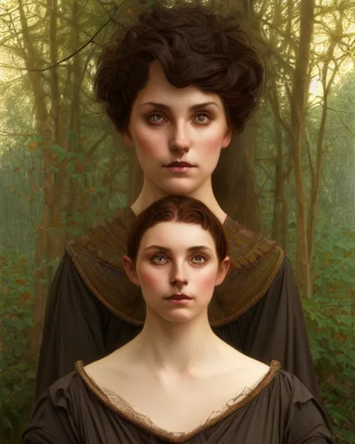 Image similar to symmetry portrait of welsh brunette witch student in mans tunic, tomboy, short hair, forest, intricate, elegant, highly detailed, digital painting, artstation, concept art, smooth, sharp focus, illustration, art by artgerm and greg rutkowski and fra angelico and alphons mucha