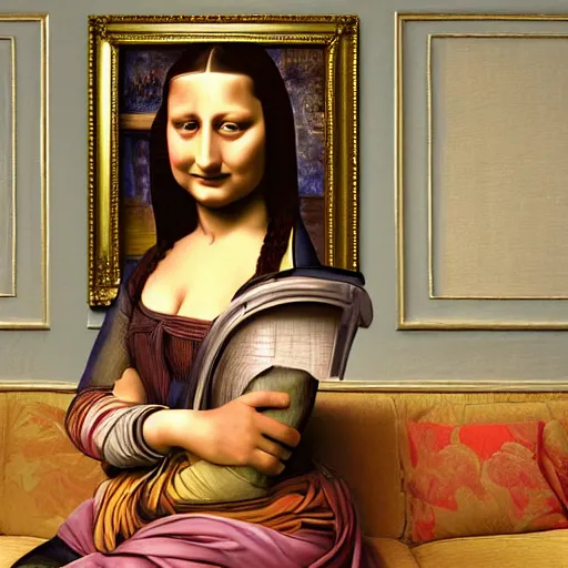 Prompt: Monalisa is sitting on her living room couch. She is dressed casually and is watching TV, Regal, Realistic, Refined, Detailed Digital Art, Josephine wall, Oil Painting, William-Adolphe Bouguereau, Art Frahm, Esao Andrews, Steampunk, Walt Disney (1937), Highly Detailed, Cinematic Lighting, Unreal Engine, 8k, HD