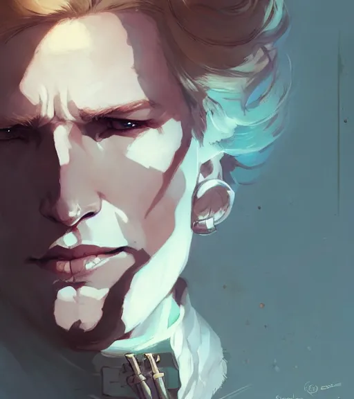 Image similar to portrait of cullen from dragon age with a beautiful woman he loves by atey ghailan, by greg rutkowski, by greg tocchini, by james gilleard, by joe fenton, by kaethe butcher, dynamic lighting, gradient light blue, brown, blonde cream and white color scheme, grunge aesthetic