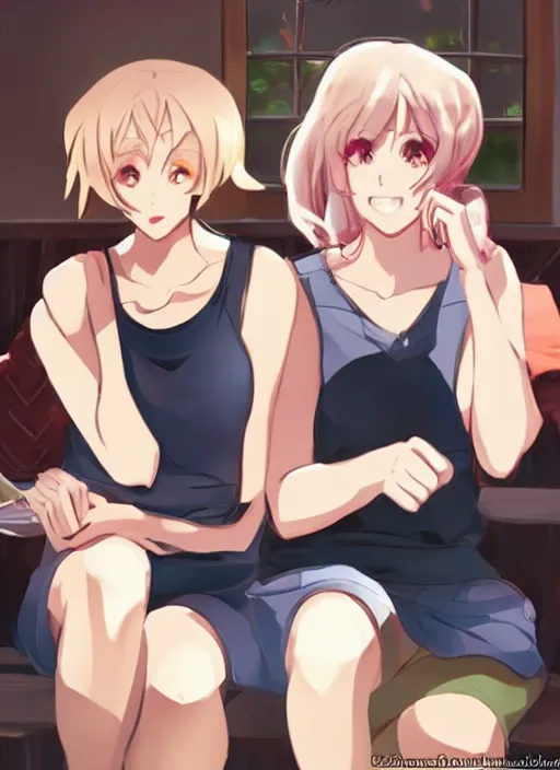 Image similar to two beautiful mothers sitting across from each other, tank tops, gorgeous faces, thick lines, cinematic lighting, detailed anime art