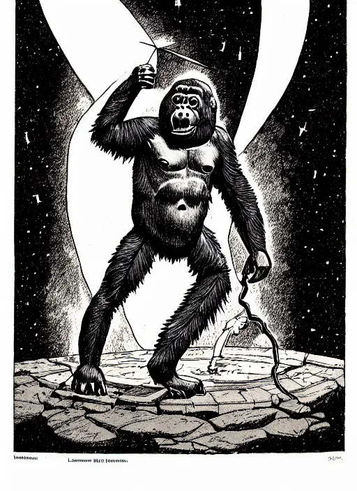 Prompt: a gorilla wearing a space helmet throwing lightning from his hands, as a d & d monster, full body, pen - and - ink illustration, etching, by russ nicholson, david a trampier, larry elmore, 1 9 8 1, hq scan, intricate details, inside stylized border