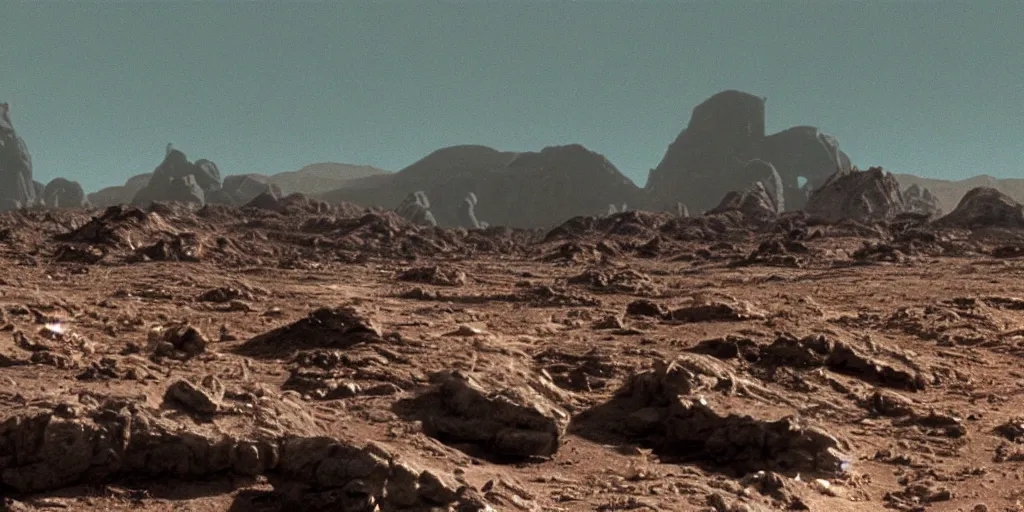 Prompt: screenshot of a sci-fi film of a desolate planet surface with mountains and mining caves, a small research outpost, 1980s sci-fi, film still, beige and dark atmosphere,