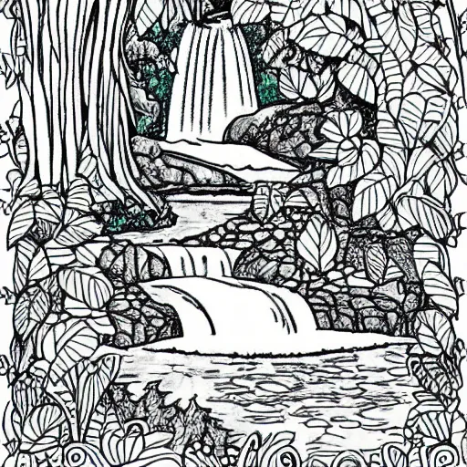 Image similar to an adult coloring page of a waterfall in the enchanted forest