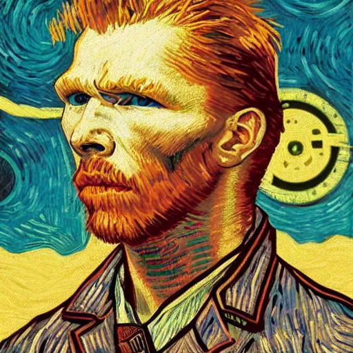 Prompt: Illustrated by Shepard Fairey and Greg Rutkpwski | Portrait of a Cyberpunk Van Gogh with VR helmet, surrounded by cables