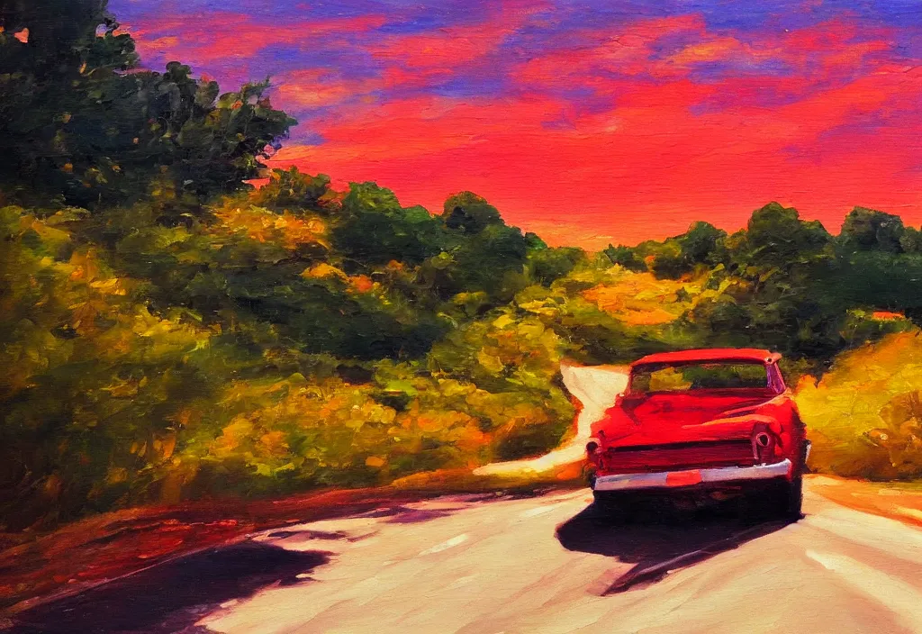 Image similar to one red car driving in the road, nature, golden hour, rule of thirds, brush strokes, oil painting