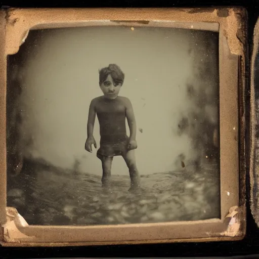 Prompt: tintype photo, swimming deep underwater, kid with huge alien