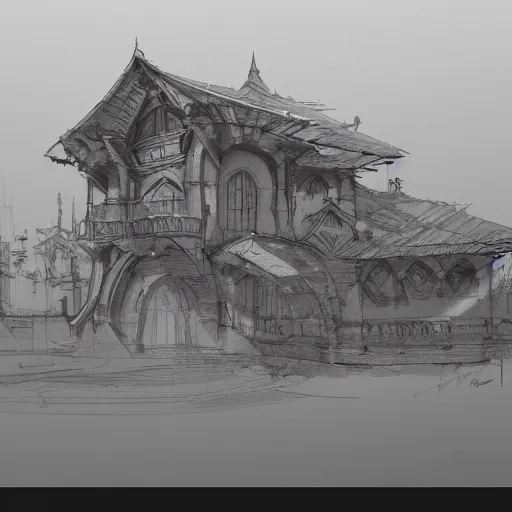 Prompt: architectural sketch, concept art, masterpiece, beautiful dreamy breathtaking, trending on artstation, stunning scene - i