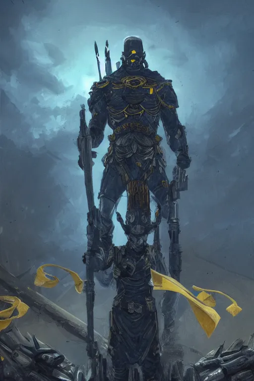 Image similar to a distant shot of a single super soldier with blue and yellow flag and a trident symbol standing alone on a huge pile of skulls as a winner, masculine figure, D&D, fantasy, dark atmosphere, beam of lights through the clouds, intricate, elegant, highly detailed, extremely detailed, digital painting, artstation, concept art, matte, smooth, sharp focus, illustration, art by Artgerm and Greg Rutkowski and Alphonse Mucha