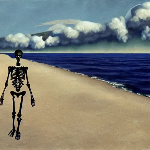 Image similar to a skeleton walking on a beach next to the ocean, nuclear bomb explosion in the background, a surrealist painting by Storm Thorgerson, featured on cg society, matte painting, realistic, chillwave