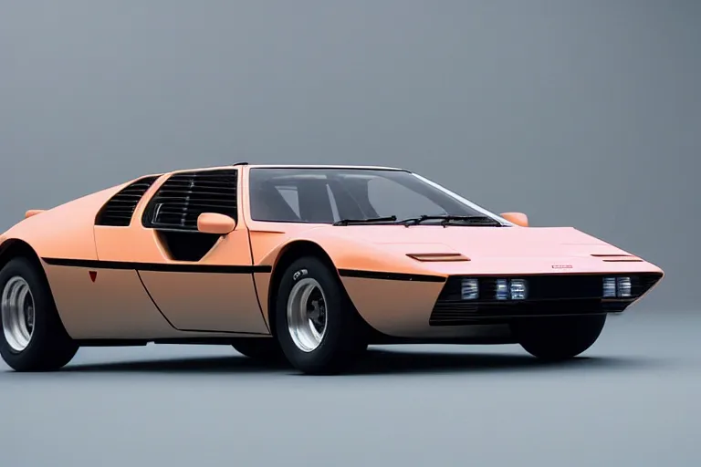 Image similar to designed by Giorgetto Giugiaro stylized poser of a single, in-frame, 1973 Miura Citroen DM BMW M1 (McLaren F1) DeLorean, thick neon lights, ektachrome photograph, volumetric lighting, f8 aperture, cinematic Eastman 5384 film