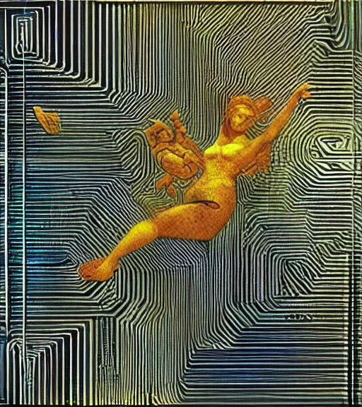 Prompt: bit flip ( ( god of ai art ) ), cyberwars, neuromancy, rene lalique, highly detailded,, by william - adolphe bouguerea, ( ( mutually assured digital destruction ) ) by gustav klimpt, cpu gpu wafer, glitch art, notan,