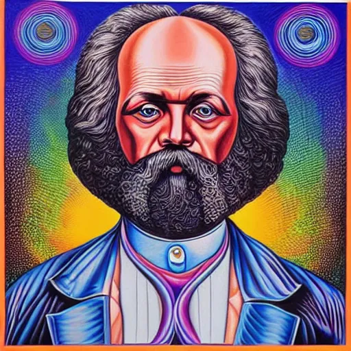 Prompt: karl Marx painting by alex grey in the style of a tool album cover