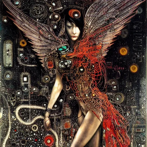 Image similar to winged cybernetic vampire trapped in circuitry, intricate detail, miro, royo, whealan, klimt,