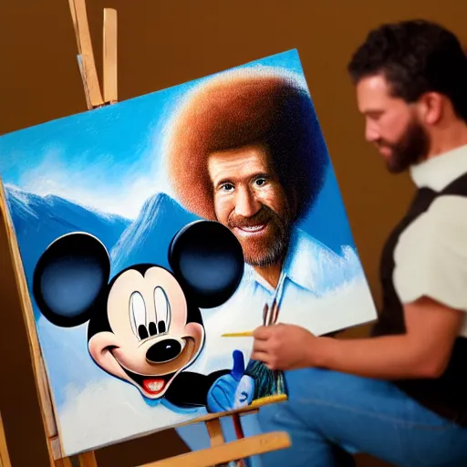 Image similar to a closeup photorealistic photograph of bob ross working on a canvas painting of mickey mouse. film still. brightly lit scene. mountains and trees. this 4 k hd image is trending on artstation, featured on behance, well - rendered, extra crisp, features intricate detail, epic composition and the style of unreal engine.