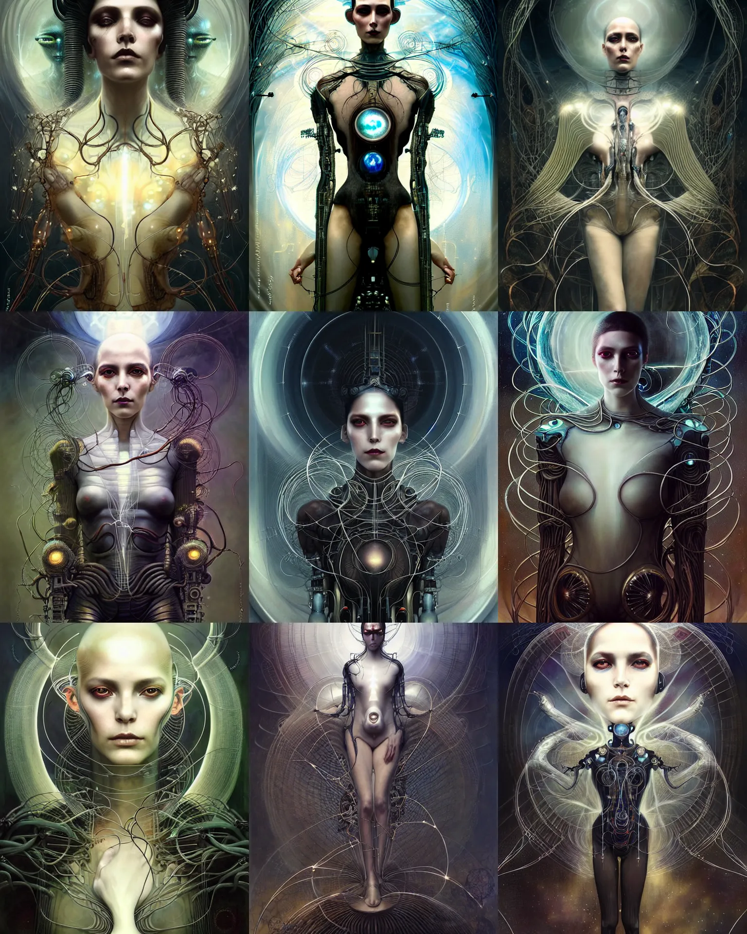 Prompt: karol bak and tom bagshaw and bastien lecouffe - deharme full body symmetrical character portrait of the beautiful borg queen of sentient parasitic flowing ai, ethereal rebirth, floating in a powerful zen state, beautiful and ominous, wearing combination of mecha and bodysuit made of wires and garland, nature in the background, scifi character render