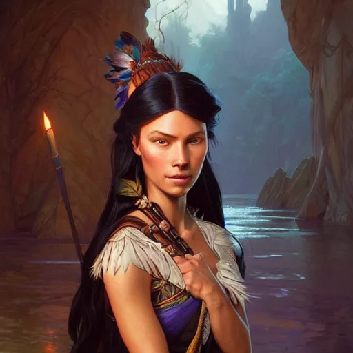 Image similar to Pocahontas, D&D, fantasy, intricate, elegant, highly detailed, digital painting, artstation, concept art, matte, sharp focus, illustration, art by Artgerm and Greg Rutkowski and Alphonse Mucha