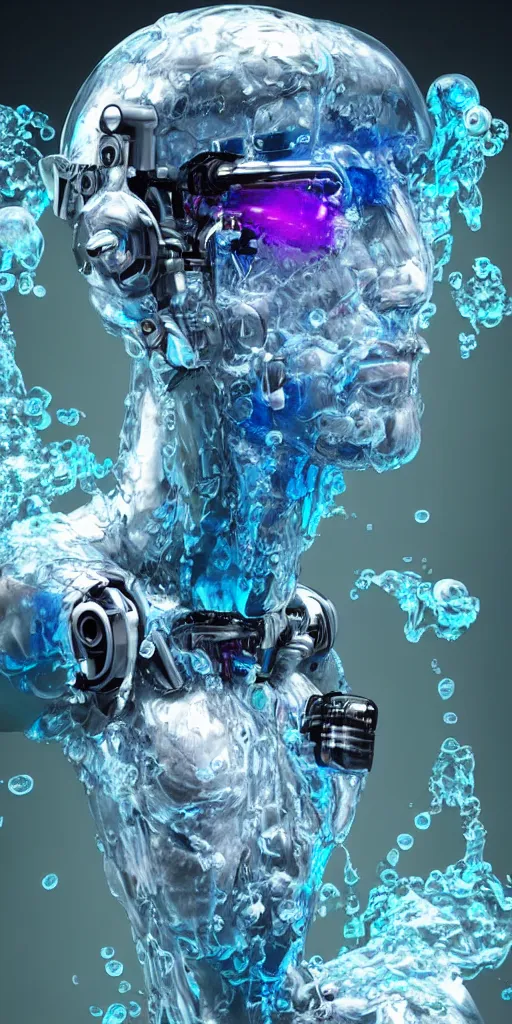 Prompt: a beautiful cyborg made of water