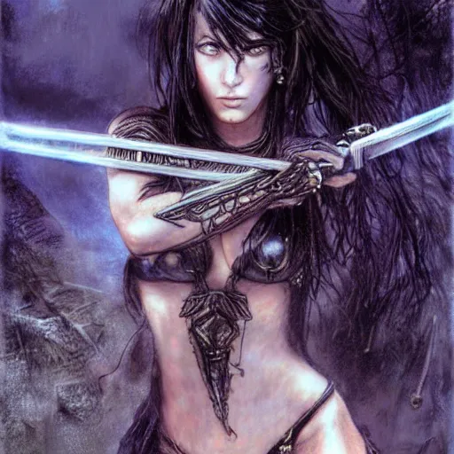 Image similar to female warrior, black hair, glowing sword, cinematic, by luis royo
