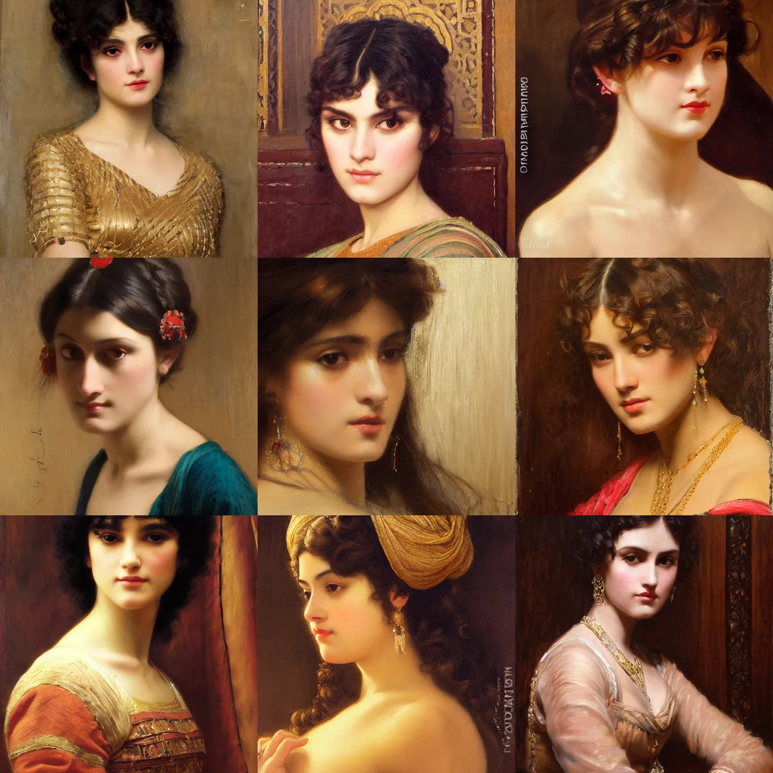 Prompt: orientalism painting hairstyle blunt bangs curly dark hair beautiful woman face detail by edwin longsden long and theodore ralli and nasreddine dinet and adam styka, masterful intricate art. oil on canvas, excellent lighting, high detail 8 k