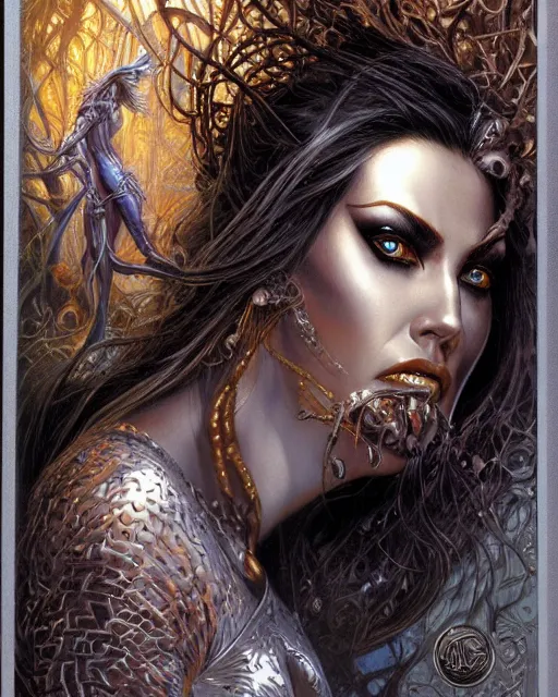 Image similar to a highly detailed airbrush painting of an evil female fantasy sorceress with piercing beautiful eyes art by karol bak and donato giancola and mark brooks, centered, mysterious, dark beauty