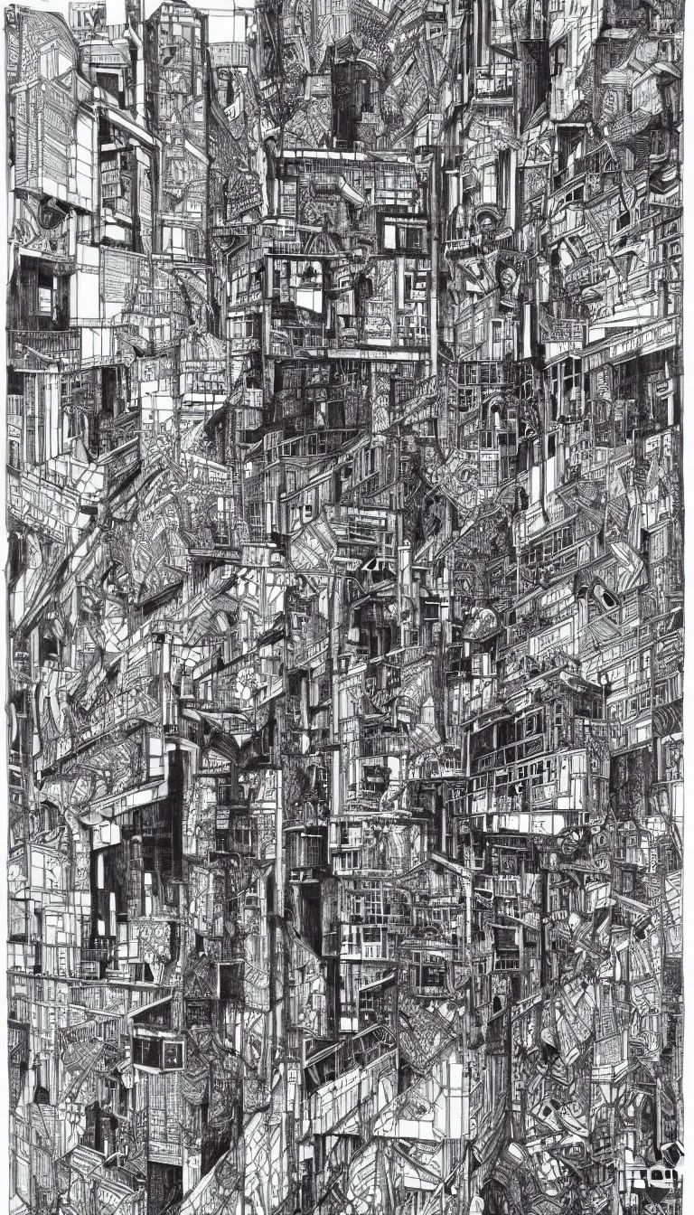 Image similar to a black and white drawing of a building, a detailed mixed media collage by hiroki tsukuda and eduardo paolozzi, intricate linework, sketchbook drawing, street art, polycount, deconstructivism, matte drawing, academic art, constructivism