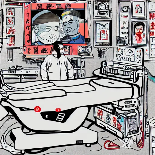 Image similar to chinese surgery operating table, in the style of daniel johnston and outsider art, 8k, line brush, overlaid with chinese adverts