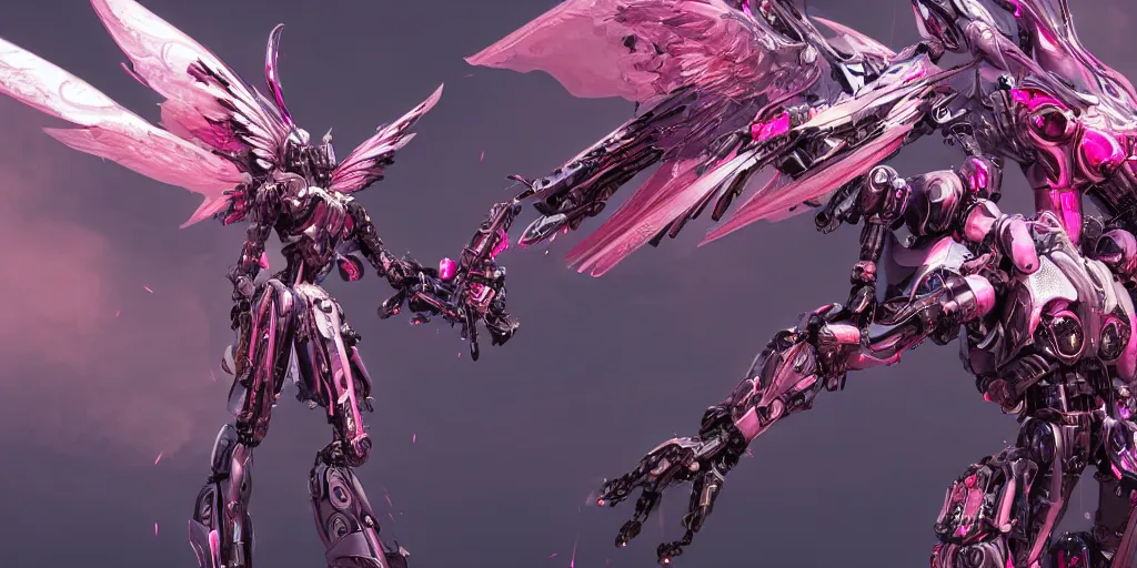 Image similar to a female saints made of mecha with a huge wings is flying in the fantasy forest by merriam, daniel, intricate mechanical details, futuristic, 2 k aesthetic, dramatic lighting, concept art, 4 k, 3 d octane render, pink and red colors, provenance, detailed, trending on artstation