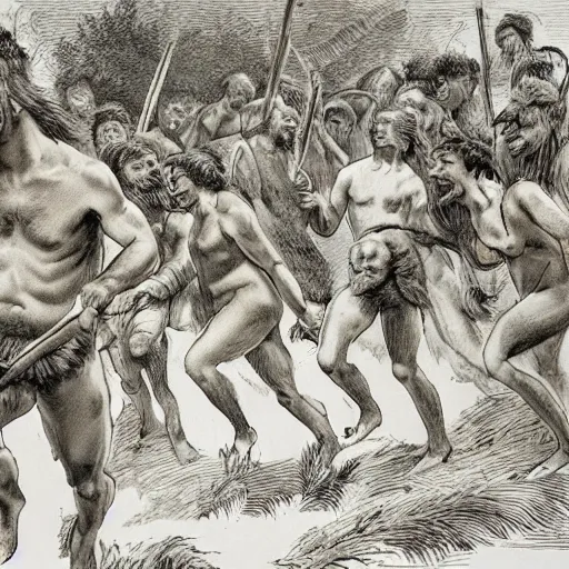 Image similar to a group of neanderthals with very little clothing running towards a roman legion.