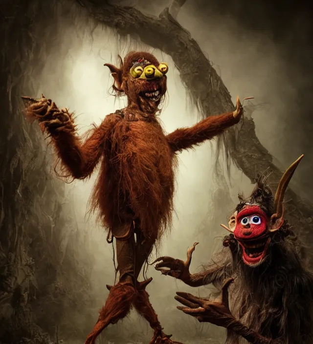 Image similar to hyper realistic photography of indonesian demon hairy fluffy muppet show horror nightmare elf goblin monster with long arms, ventriloquist, human anatomy, real teeth, full body, cinematic symmetric dark _ crystal, brian froud, alan lee, jean baptiste monge, scott radke