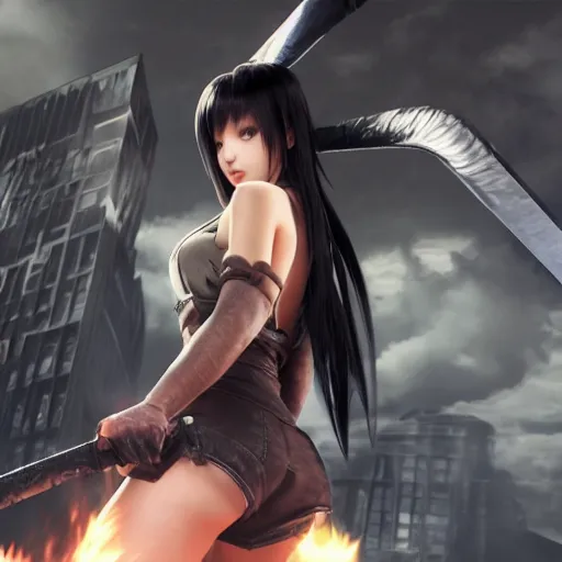 Image similar to a giant tifa from final fantasy 7 remake destroying a city like godzilla while smiling, digital art, octane render, award winning, very detailed, full body portrait, 3d render, detailed facial expressions, destroyed city, destruction, fire, video game art, no text