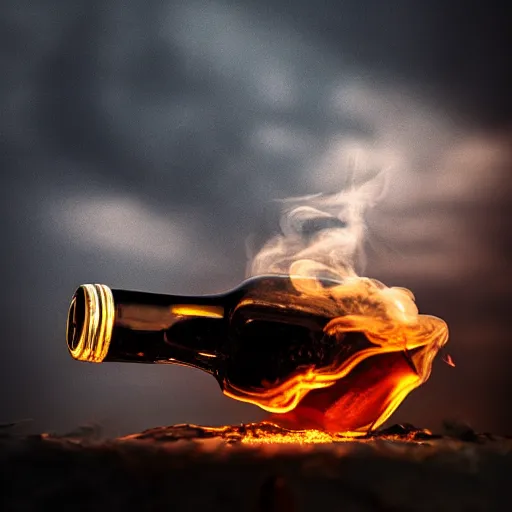 Image similar to skull made of smoke inside of wine bottle. Stormy sky on the backround .Art station. Mood lighting. - h 1200