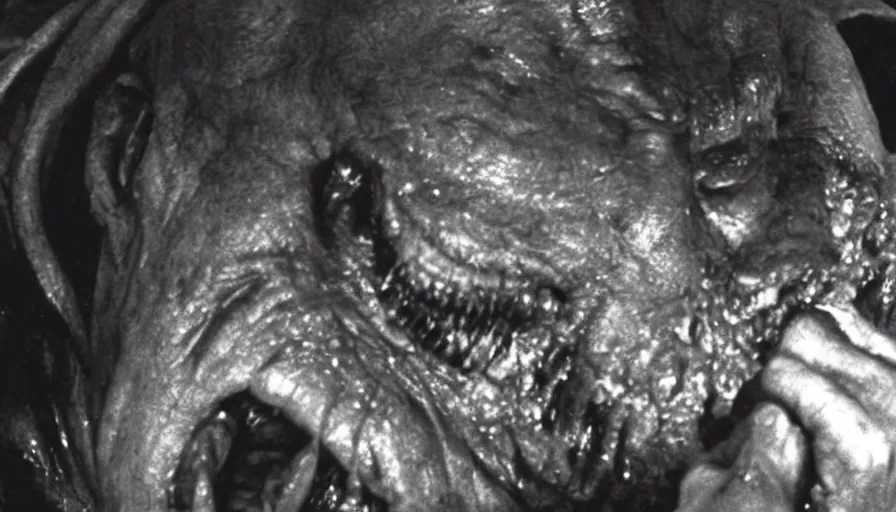 Image similar to a disgusting vile demonic monster eating a man from The Thing, kaiju by Cronenberg and visceral greg nicotero