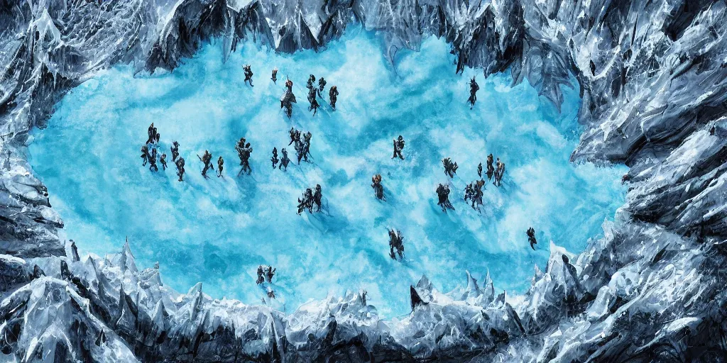 Image similar to a d & d background of a frozen lake with monsters beneath the ice, viewed from above, high quality digital art, gridless, vivid, blue tones, oil painting, trending on arstation, oil painting