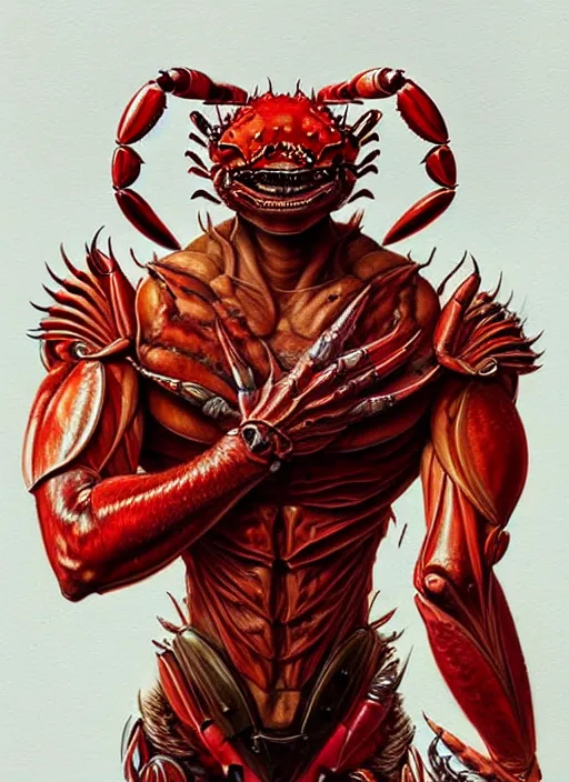 Prompt: portrait of aggressive crab humanoid, d & d, muscular! red, fantasy, intricate, elegant, highly detailed, digital painting, artstation, concept art, smooth, sharp focus, illustration, art by artgerm and greg rutkowski and alphonse mucha