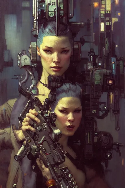 Image similar to portrait max mad cyberpunk, machinist tech rifle gun design, painting by gaston bussiere, katsuya terada, nc wyeth, greg rutkowski, craig mullins, vermeer, frank frazetta, mucha, tom of finland, trending on artstation, jeffery catherine jones