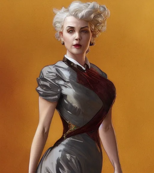 Image similar to julia fox wearing a golden dress, grey hair, red necktie, cinematic, stunning, highly detailed, digital painting, artstation, smooth, hard focus, full body shot, illustration, art by artgerm and greg rutkowski and alphonse mucha