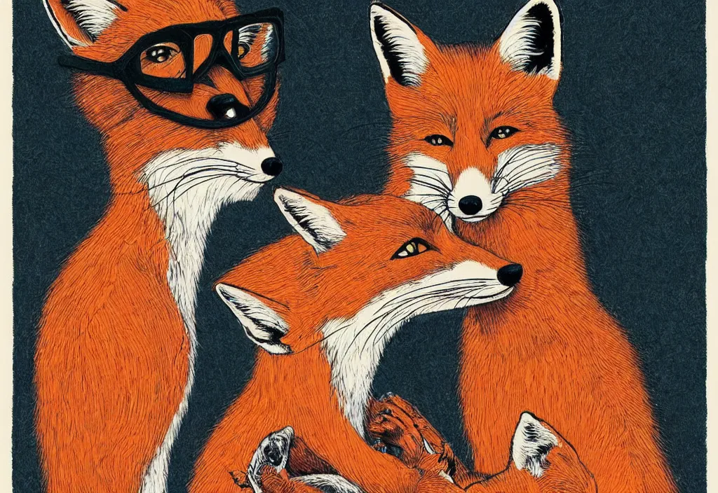 Image similar to portrait of a fox and a ( nerdy ) woman enveloped in yarn thinking of ( seventies art horror ) movies about death and chaos, by norman rockwell, pixar, studio ghibli, toei, mc escher, intricate line work, beautiful, complete light occlusion, hyper realism, trending on pinterest, artstation 8 k