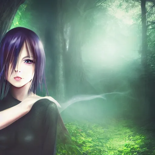 Image similar to plasma body, anime spectral female character, emerge from big old creepy tree, mist aura, black eyes melt, full body portrait, photorealistic,