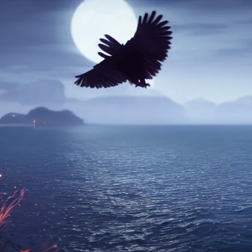 Image similar to a wholesome animation key shot of a crow flying towards an island in the night, medium shot, studio ghibli, pixar and disney animation, sharp, rendered in unreal engine 5, anime key art by greg rutkowski, bloom, dramatic lighting