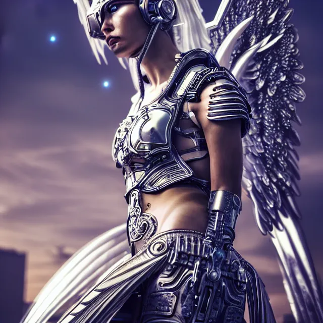 Prompt: beautiful!! futuristic cyberpunk angel warrior with ornate slick pearl armor, highly detailed 8 k hdr smooth sharp focus high resolution award - winning photo photorealistic