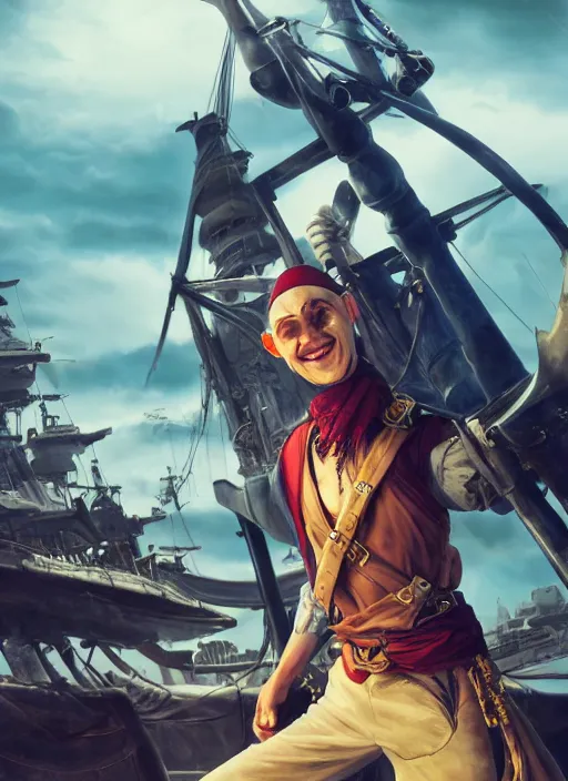 Image similar to An epic fantasy comic book style portrait painting of a skinny white bald sky-pirate with a goofy expression sitting in front of a ship's cannon, unreal 5, DAZ, hyperrealistic, octane render, cosplay, RPG portrait, dynamic lighting