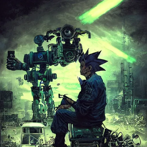 Image similar to An old punk sitting alone in a junkyard with his robot friend + black layered paper + end of the world theme + elements + dark blue and green tones + neon + baroque + rococco + white + ink + marc simonetti, craig mullins, peter mohrbacher, michael whelan, detailed, intricate ink illustration, cinematic, mucha