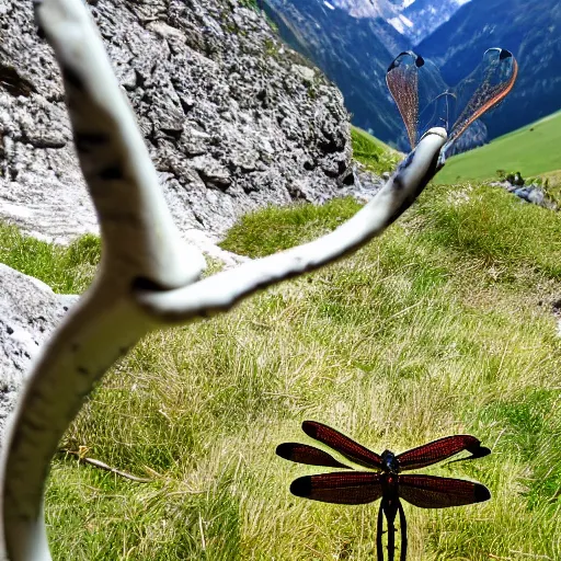 Image similar to dragonfly in a bathtub in the alps, big ibex!! in the background