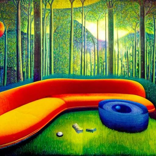 Image similar to psychedelic couch sofa in the lush pine forest, milky way, designed by arnold bocklin, jules bastien - lepage, tarsila do amaral, wayne barlowe and gustave baumann, cheval michael, trending on artstation, cinematic, star, sharp focus, colorful refracted sparkles and lines, soft light, 8 k 4 k