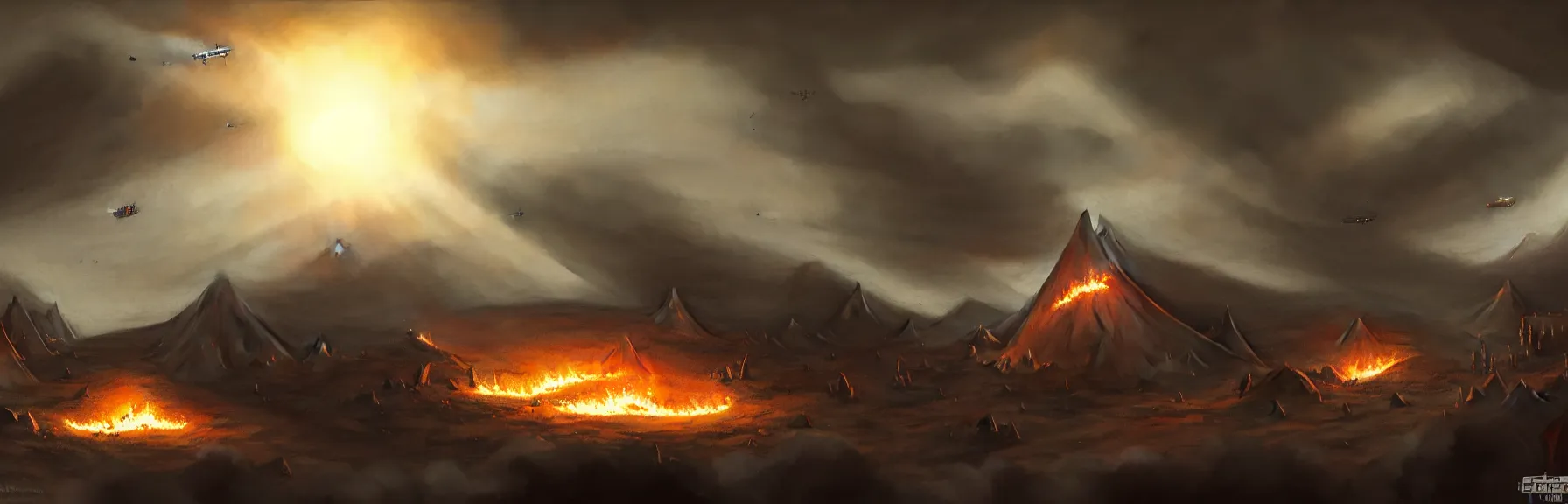 Image similar to You step out of the tent and are about to start running when it suddenly gets incredibly bright, Tents are on fire. you hear screams You look up, Mighty zeppelins hover in the sky above you, cruise missile strikes, a little further away, a camp is bombarded from the air, intricate and epic concept art, highly detailed, 8k, cinematic