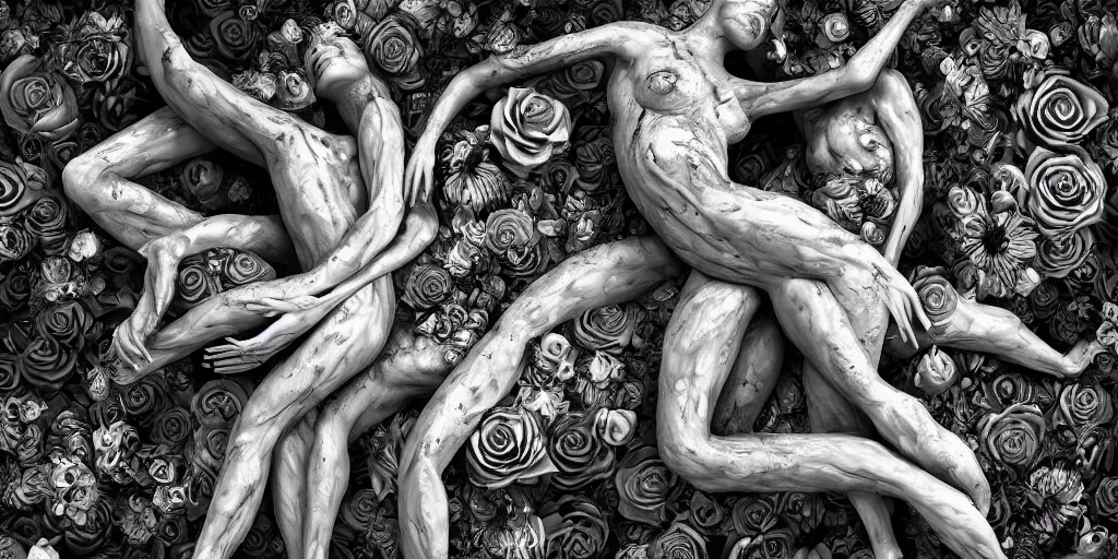Image similar to surrealist sculpture human bodies intertwined, a lovely cornucopia of flowers and human body parts, body parts, paint pour, swirling paint colors, black and white photography, desaturated, highly detailed, octane render, cinematic