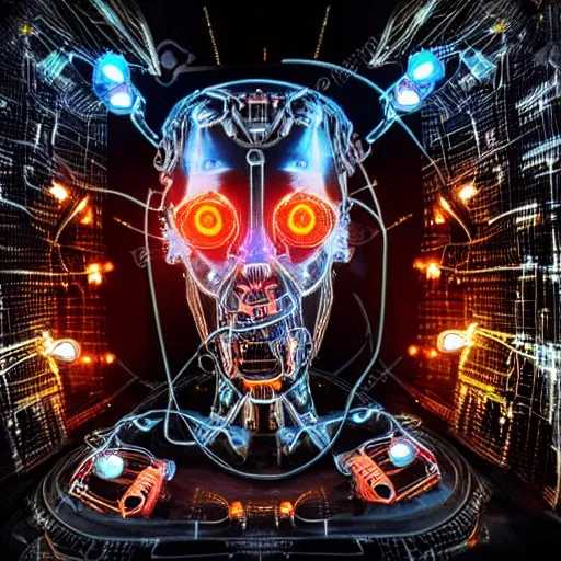 Image similar to Technological Mechanical Monstrosity Monster Cyborg head with circuits and wires and Fiber Optic Lights Scary Horror Sci-fi HDR