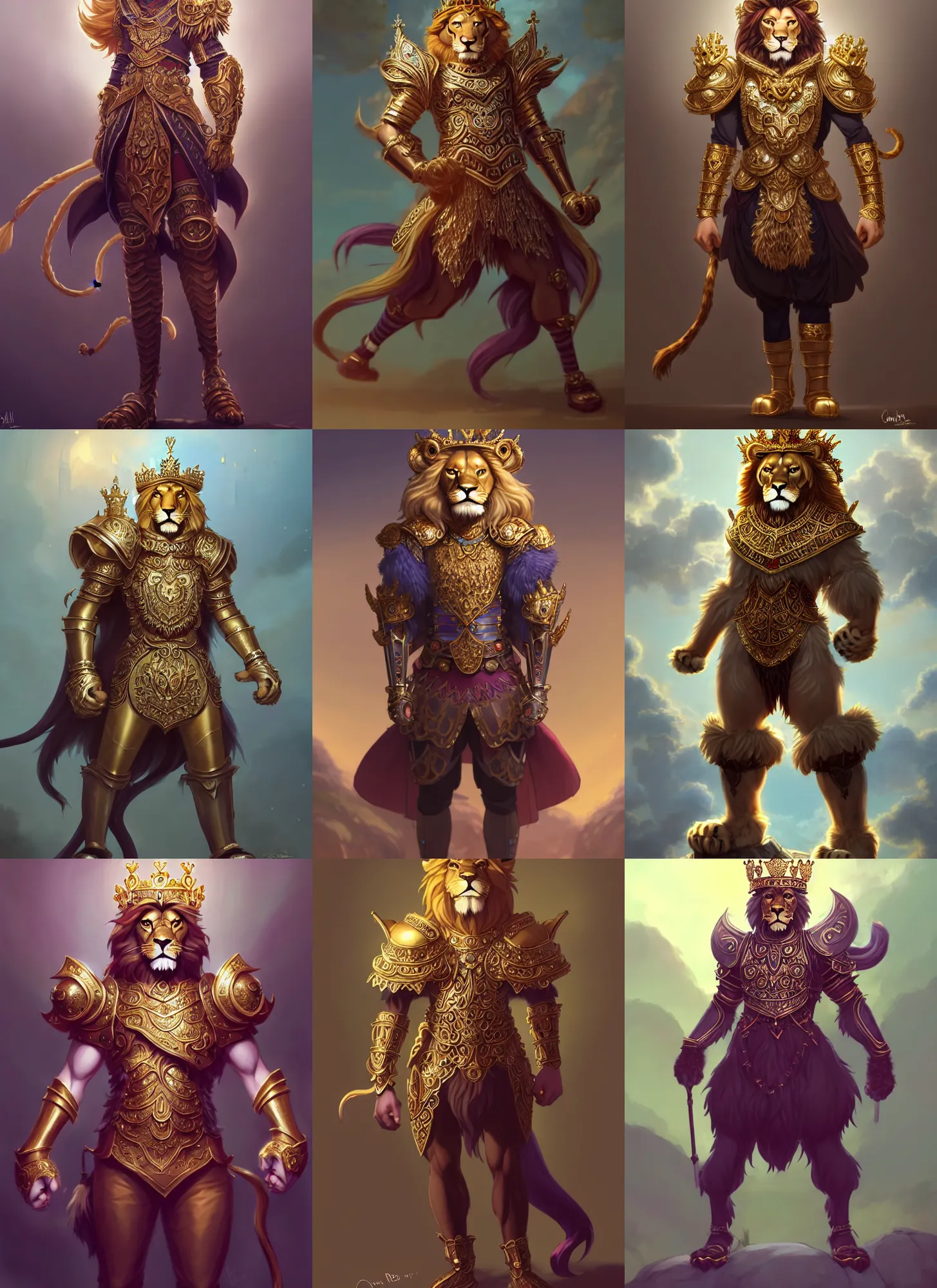 Prompt: wide angle beautiful full body portrait of a strong male anthropomorphic lion fursona wearing ornate lion - themed magic fantasy armor and a crown. character design by disney, anime, manga, charlie bowater, ross tran, artgerm, and makoto shinkai, detailed, soft lighting, rendered in octane