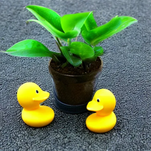 Prompt: 3 5 mm photo, ultra realistic, potted plant growing rubber duckies