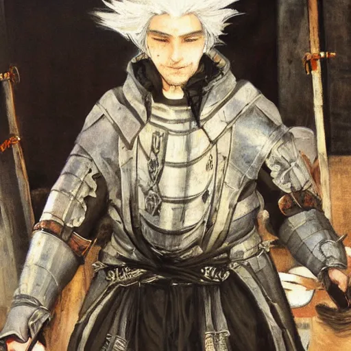 Prompt: Yoshitaka Amano painting of a young cool looking man at a medieval market at windy day. Depth of field. White hair, He is wearing complex fantasy armors. Renaissance style lighting.